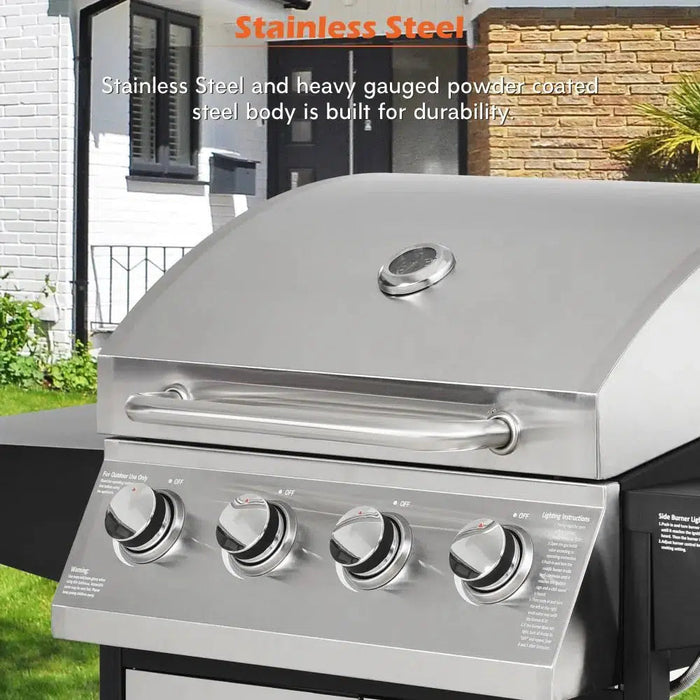 4-Burner Stainless Steel Gas BBQ Grill with Side Shelves, Waterproof Cover, and Cast Iron Cooking Grates for Outdoor Garden Barbecues
