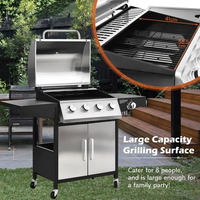 4-Burner Stainless Steel Gas BBQ Grill with Side Shelves, Waterproof Cover, and Cast Iron Cooking Grates for Outdoor Garden Barbecues