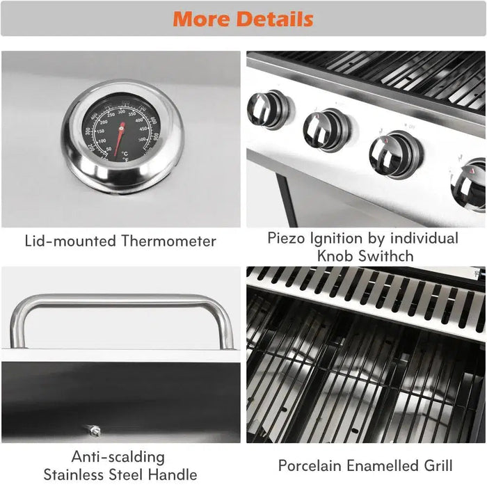 4-Burner Stainless Steel Gas BBQ Grill with Side Shelves, Waterproof Cover, and Cast Iron Cooking Grates for Outdoor Garden Barbecues