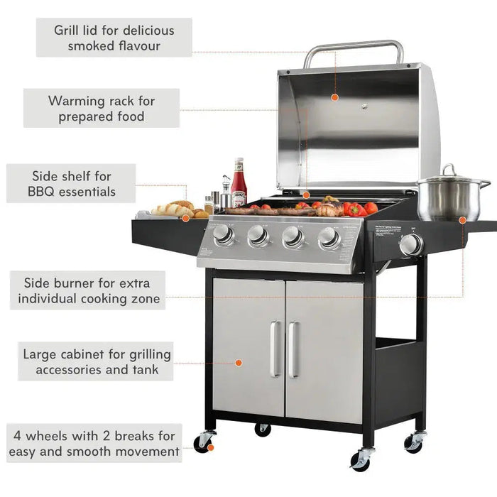 4-Burner Stainless Steel Gas BBQ Grill with Side Shelves, Waterproof Cover, and Cast Iron Cooking Grates for Outdoor Garden Barbecues