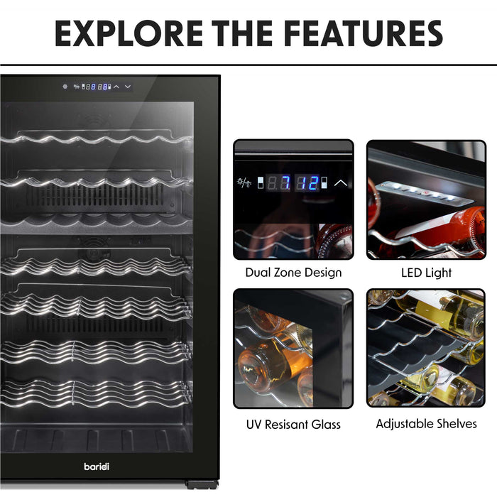 Baridi 52 Bottle Dual Zone Wine Cooler, Fridge, Touch Screen Controls, LED - Black - DH236